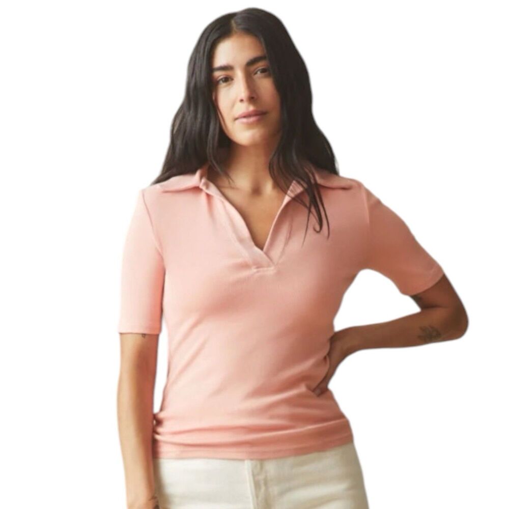 American Giant Shirt Womens Small Pink Luxe Rib Popover V-Neck Fitted Preppy NEW